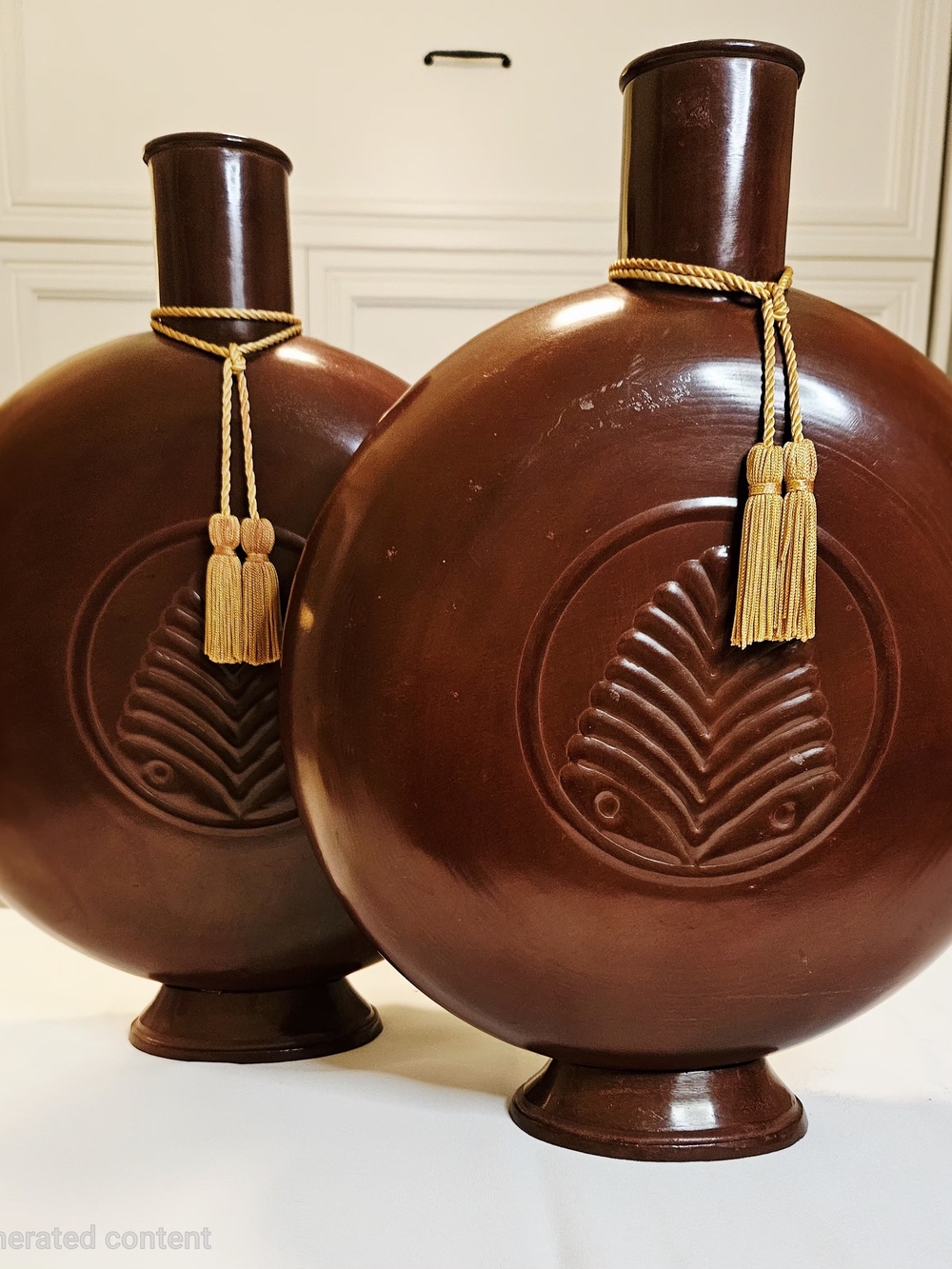 Large Pair Metal Burgundy Decorative Vases Urns Embossed Leaf Gold Tassels
